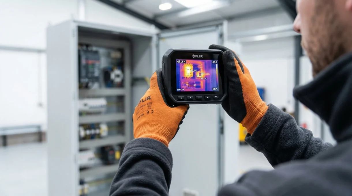 Prüfer der i-Arbeitsschutz führt mit einer Wärmebildkamera eine berührungslose Thermografie-Prüfung an einem geöffneten elektrischen Schaltschrank durch.