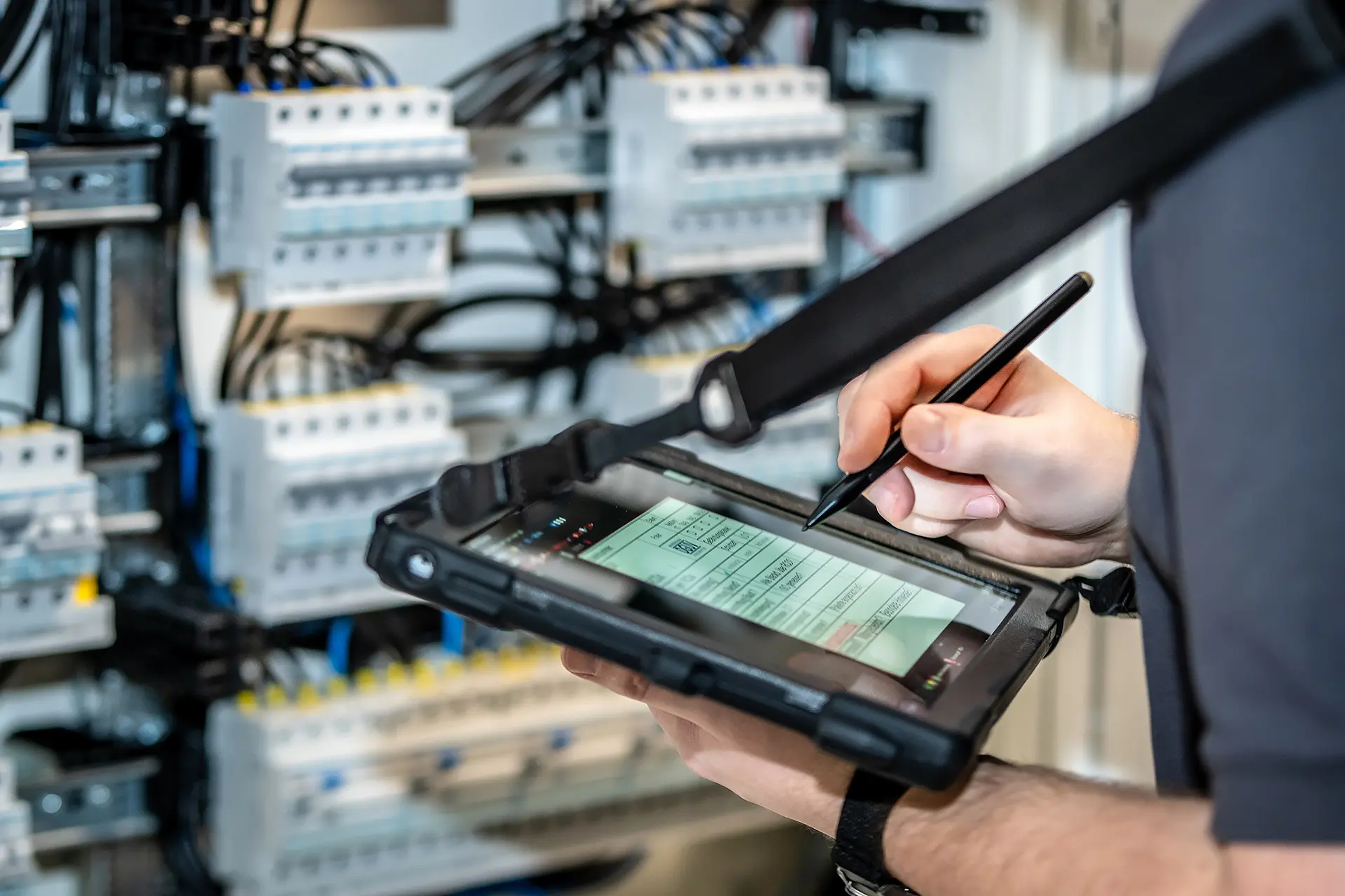 Elektroprüfer mit Tablet bei Lagerinspektion