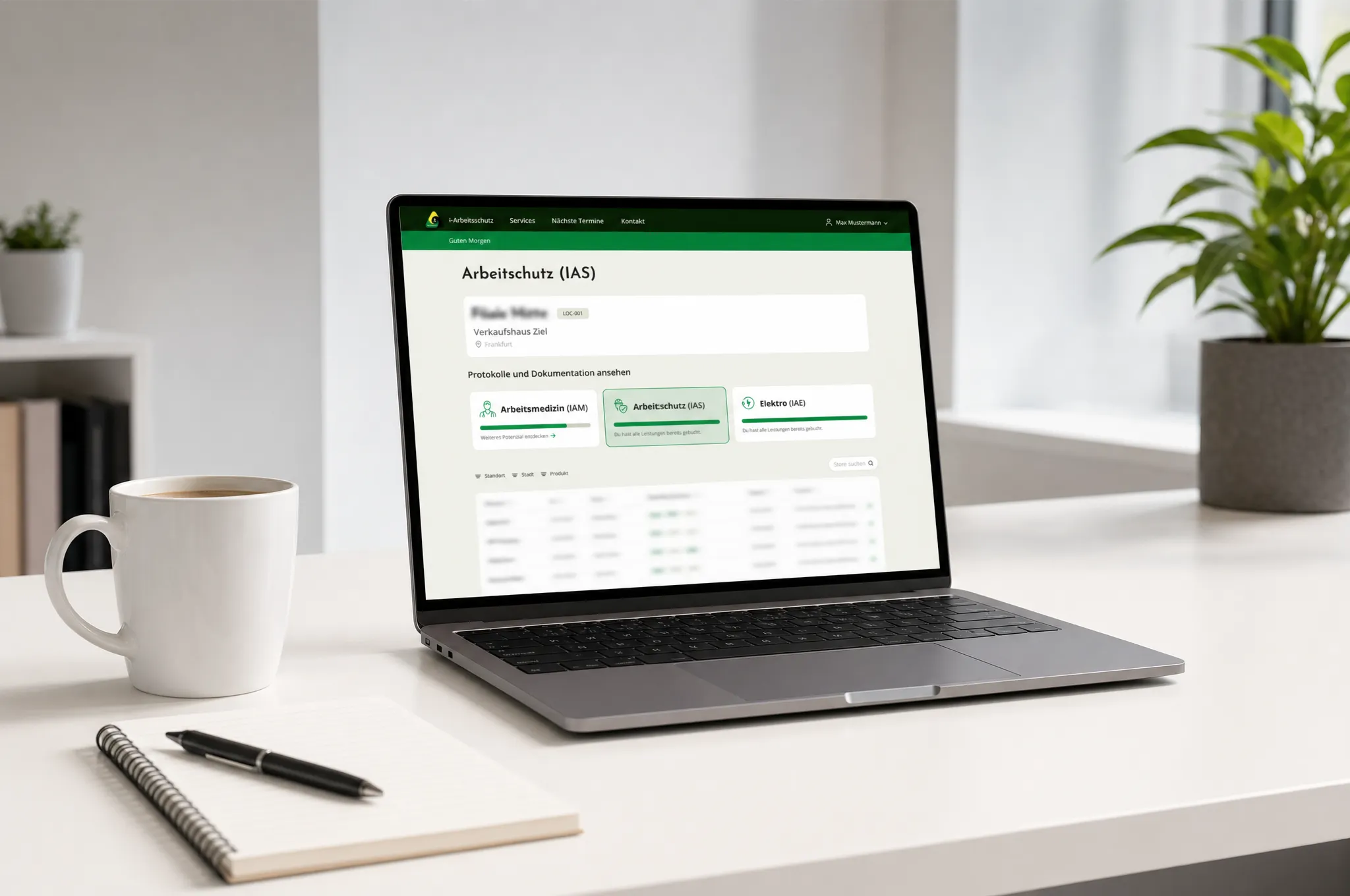 Kundenportal i-Arbeitsschutz – Standortübersicht mit Protokollen und gebuchten Services