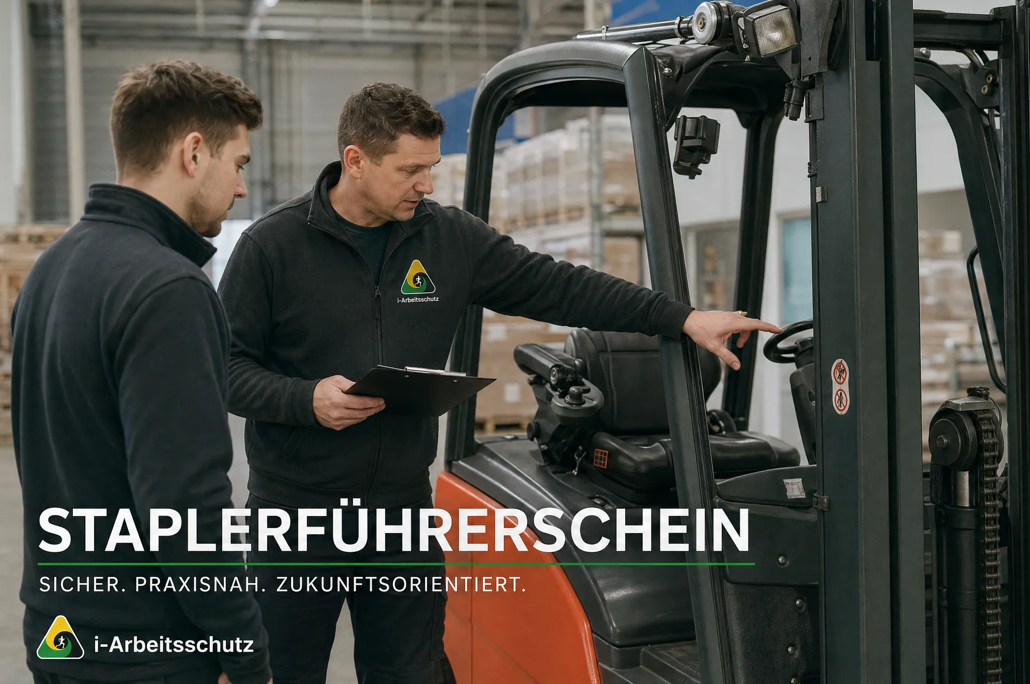 Staplerführerschein-Prüfung – Gabelstapler-Fahrer bei praktischer Zertifizierung im Betrieb