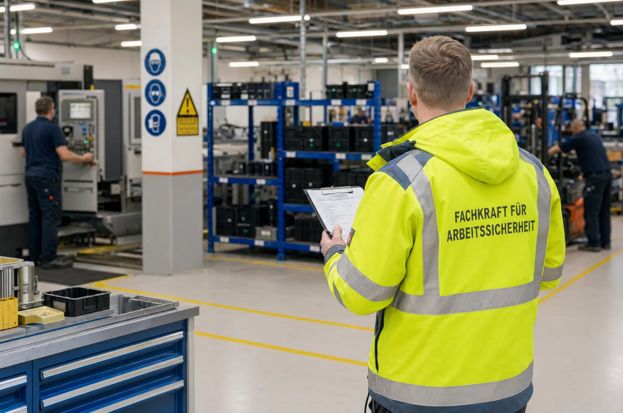 Fachkraft für Arbeitssicherheit bei Betriebsbegehung in der Produktion – Sicherheitskontrolle