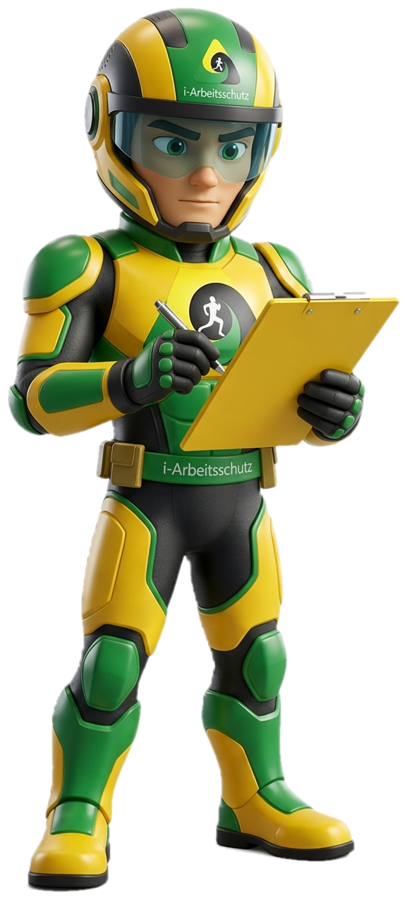 Willy, das Maskottchen von i-Arbeitsschutz, hält die Checkliste zum Unternehmenspaket Arbeitsschutz